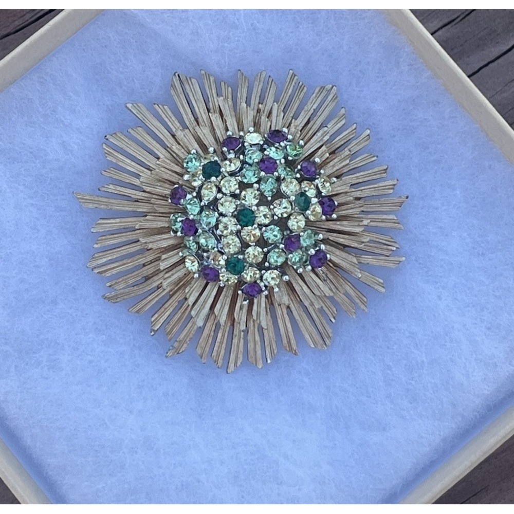 Marboux Signed Rhinestone Gold Tone Starburst Brooch Boucher Sunflower Design